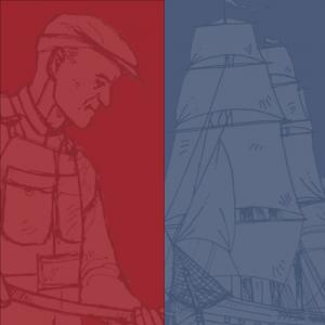 illustration af fregatten jylland og en arbejdende mand